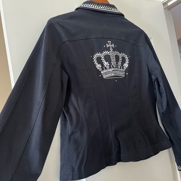 Christine Alexander Vintage Black Jean Jacket with Rhinestoned Crown Size Med - Picture 4 of 16